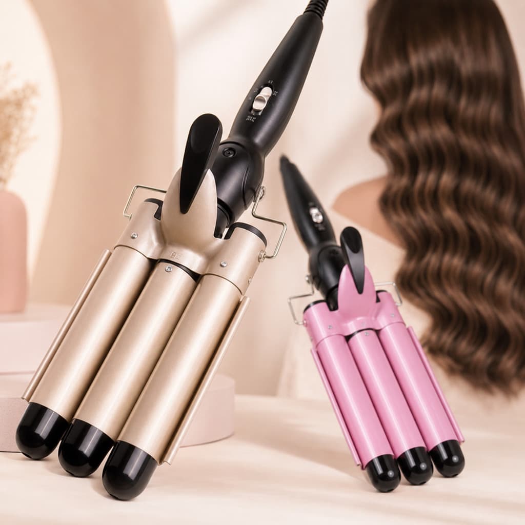 Babyliss Triondas Modelador de Cachos Ondulador Triplo 3 Tubos Cerâmica Turmalina Bivolt 180°C 210°C Rosa Dourado