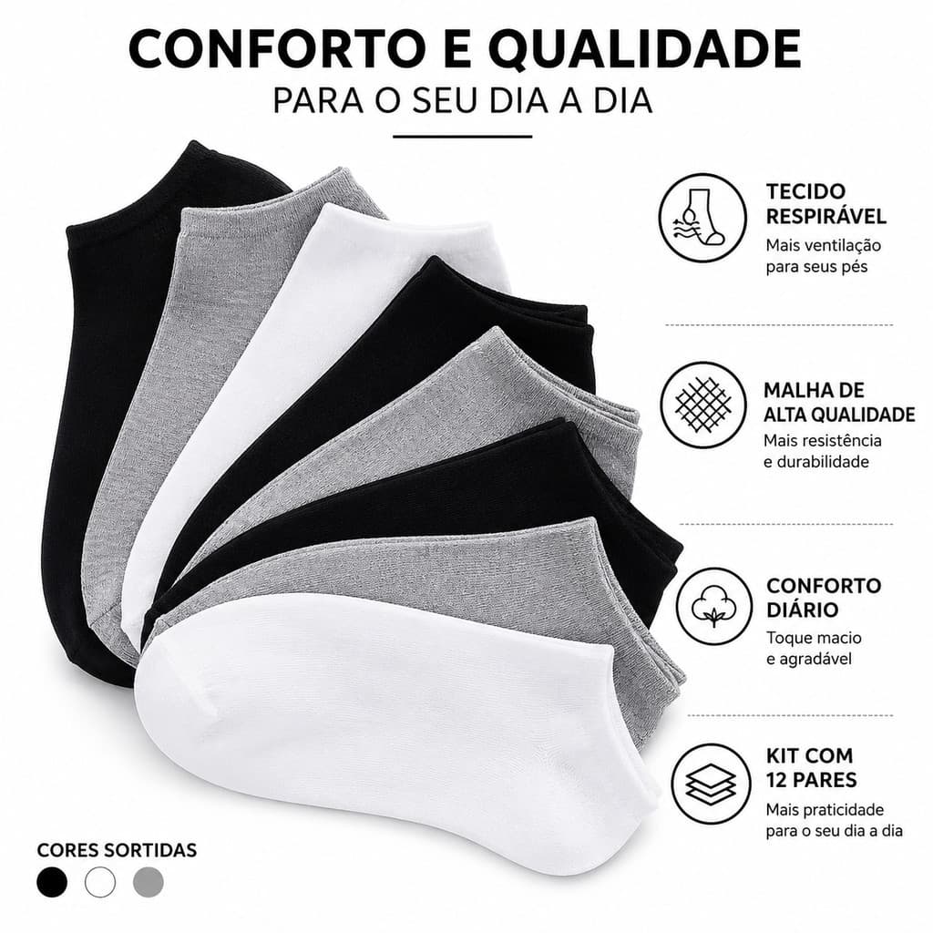 Kit 12 Pares Meias Soquete Cano Baixo Macia Confortável Tam 35 ao 43 Qualidade Premium