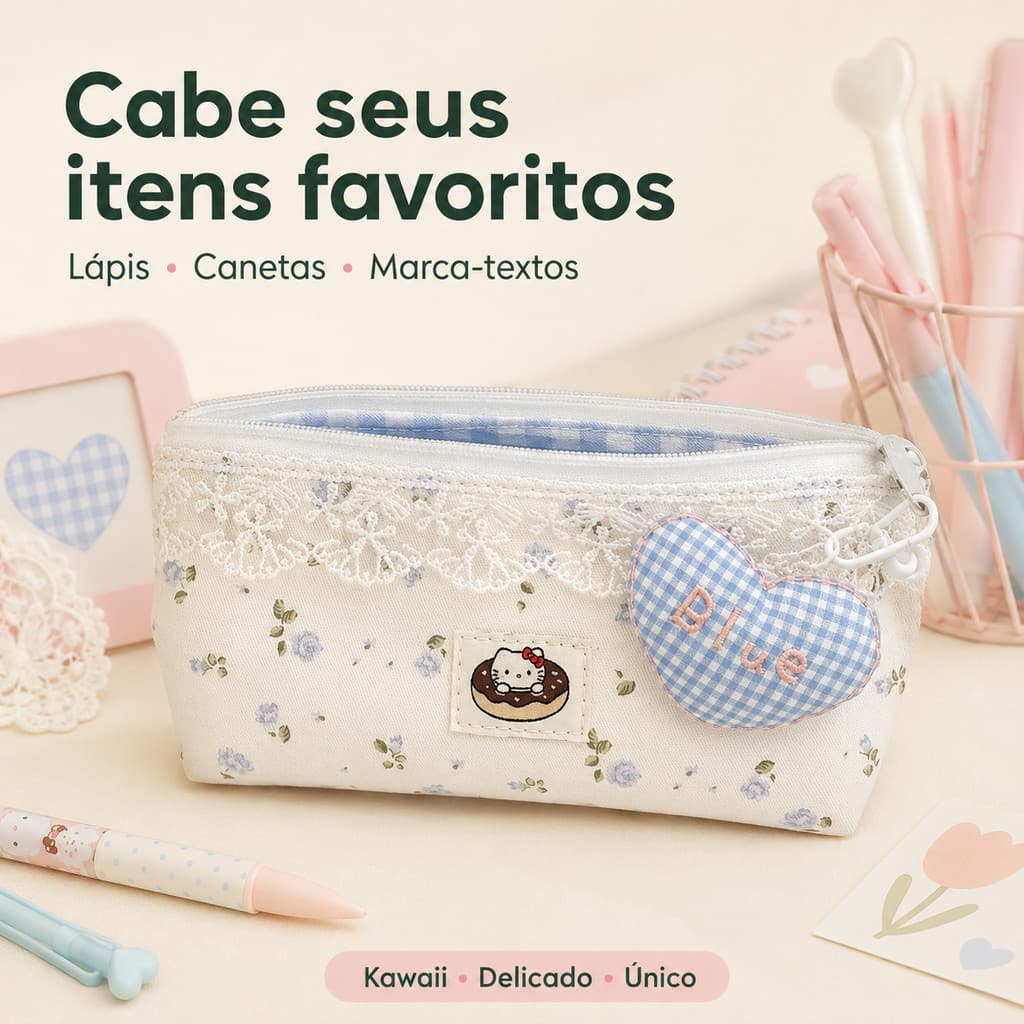 Estojo Escolar Feminino Kawaii com Renda Floral para Lápis e Canetas | Papelaria Fofa para Escola e Faculdade