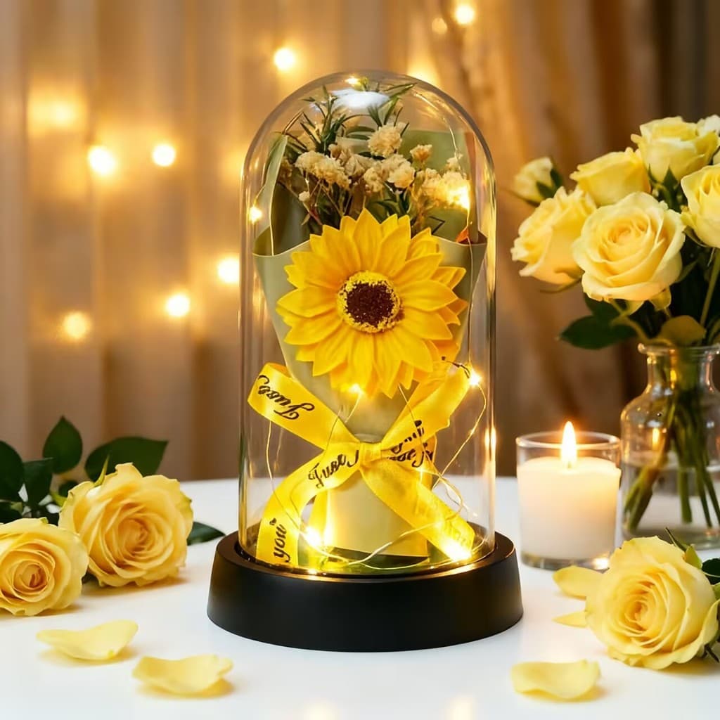 Rosa Encantada com Luz LED - Flor Eterna Decorativa em Cúpula de Acrílico Presente de aniversário para namorado