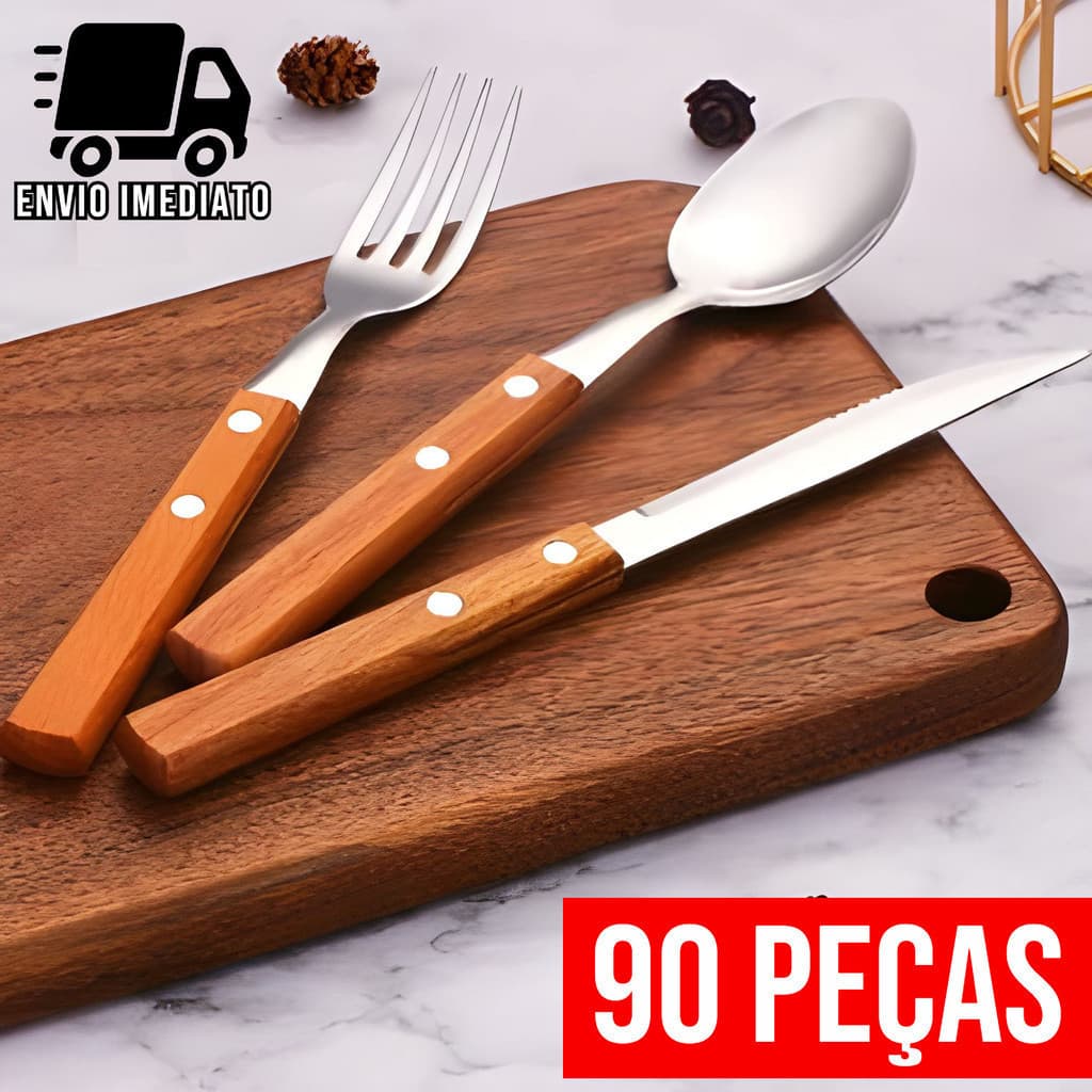 Jogo de Talher 90 Peças Prime Para Cozinha Cabo de Madeira Aço Inox Faca de Ponta Colher e Garfo
