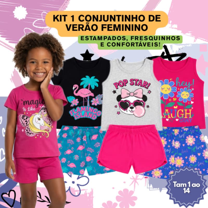 Kit 2 Peças Blusa e Short Infantil Feminino Conjunto Menina Tam 1 ao 14