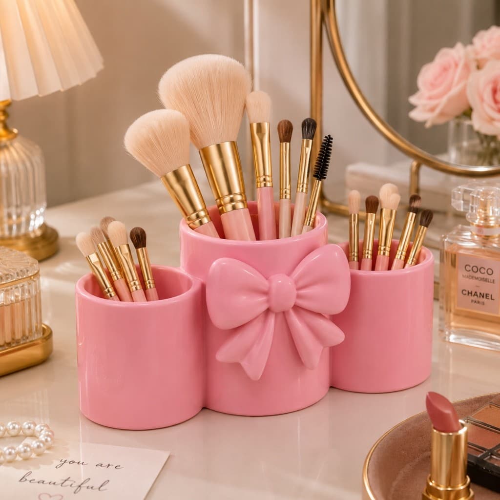 Porta Pincéis de Maquiagem Organizador de Mesa Porta Canetas Laço Elegante