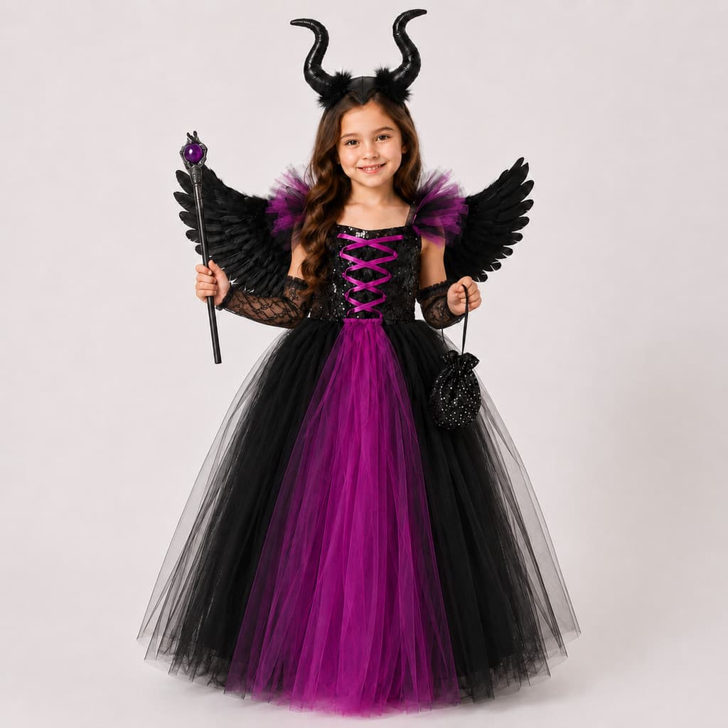 Fantasia Malévola Infantil 6 Peças Menina Acessórios Festa Halloween Tiara Bolsinha Varinha