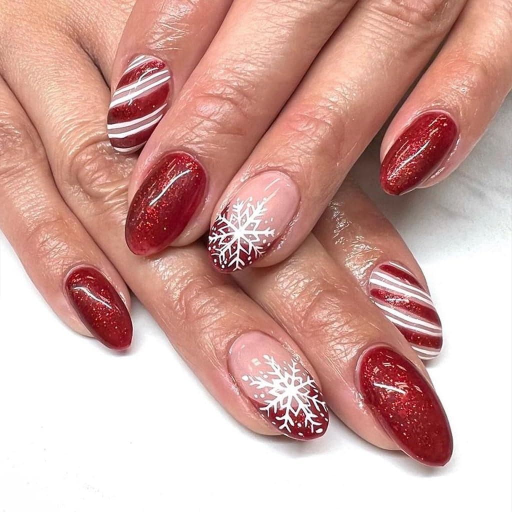 Unhas Postiças de Natal com Flocos de Neve - Unhas Falsas Curtas em Formato de Amêndoa com Design de Glitter Vermelho e