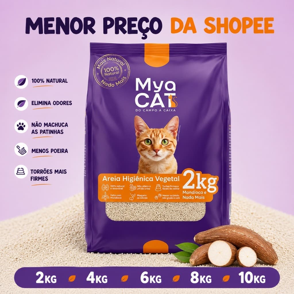 Areia Higiênica 2 a 10kg  Mya Cat Mandioca Torrão Firme Natural