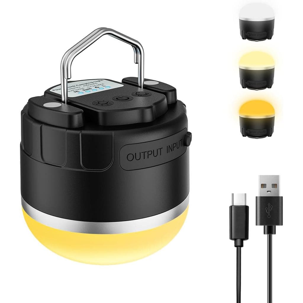 Lanterna de Camping LED Recarregável 1000LM, Luzes Portáteis para Tendas com 3 Cores, À Prova d'Água IP65, Base Magnétic