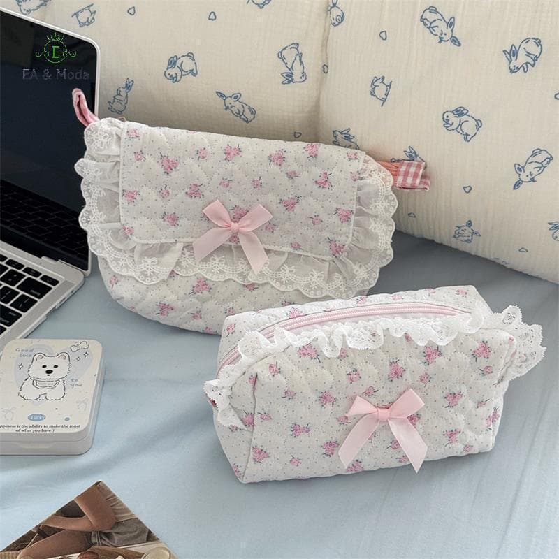 EA & Moda Urso Bonito Doce Coração Arco Rosa Renda Bolsa De Cosméticos Grande Capacidade Portátil Armazenamento De Viage