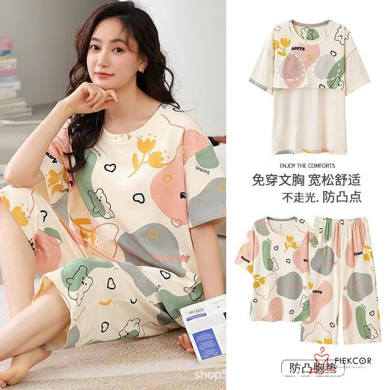 Pijamas casuais femininos verão terno de manga curta verão calças cortadas pijamas femininos dos desenhos animados Loung