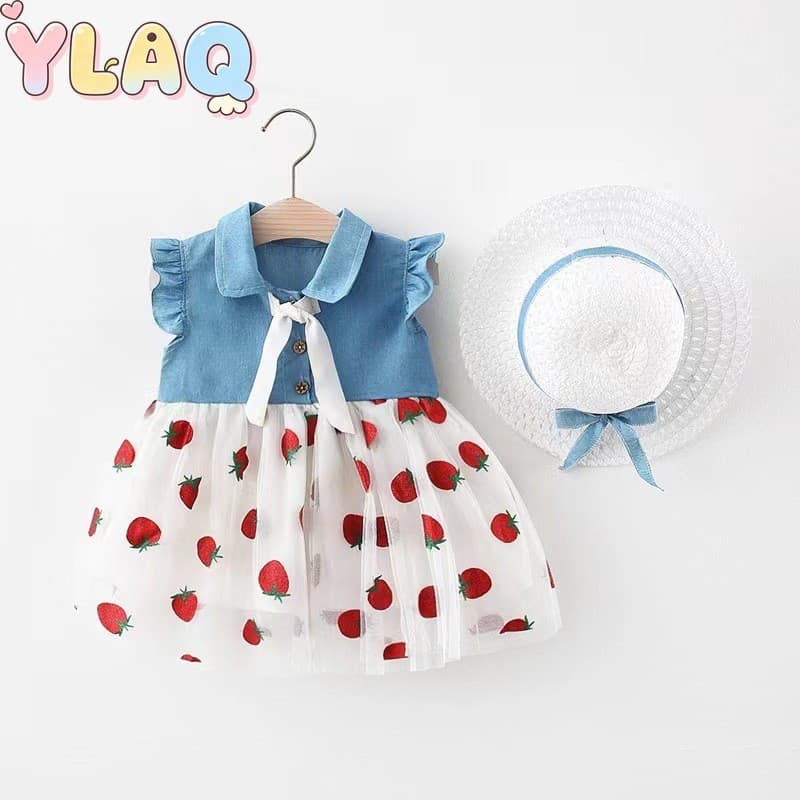 Meninas Peter Pan Collar Denim Patchwork Impresso Vestido De Tule Bonito Roupa De Verão Para Crianças