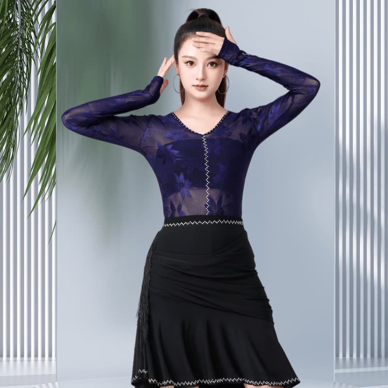 Gitba feminino com decote em v malha Jacquard manga comprida mais magro olhar magro ajuste topo quadrado dança dança lat