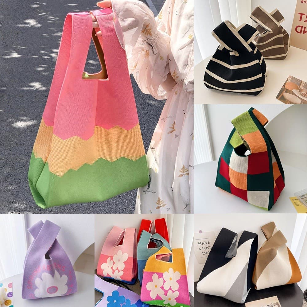 Bolsa de Mão Tricotada em Cores Doces - Bolsa Tote Listrada para Mulheres, Bolsa de Ombro Tricotada Fofa, Colorida