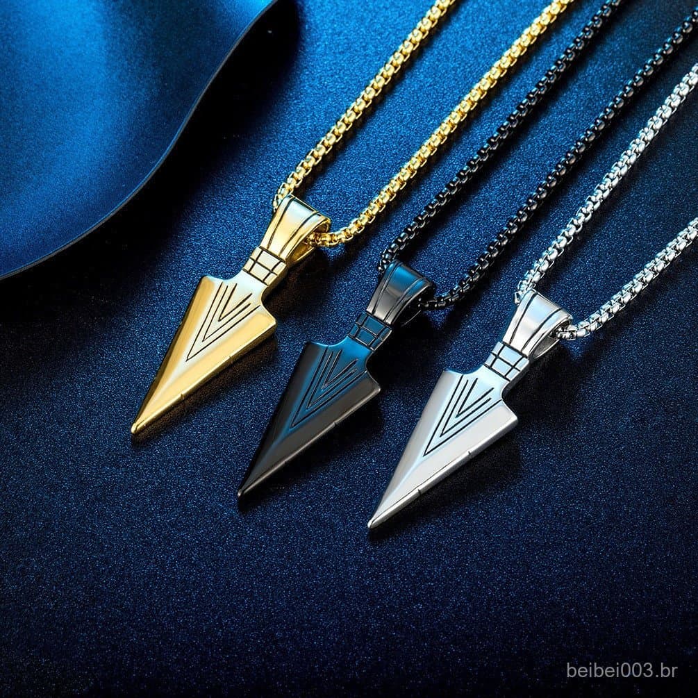 Colar masculino de liga metálica estilo retrô hip hop com pingente de ponta de lança triangular e flecha.