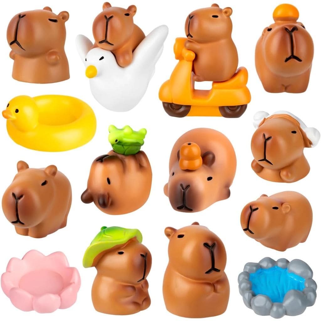 Conjunto de 15 Mini Figuras de Capivara, Enfeites de Bolo de Capivara, Figuras de Animais Pequenos em Resina com Acessór