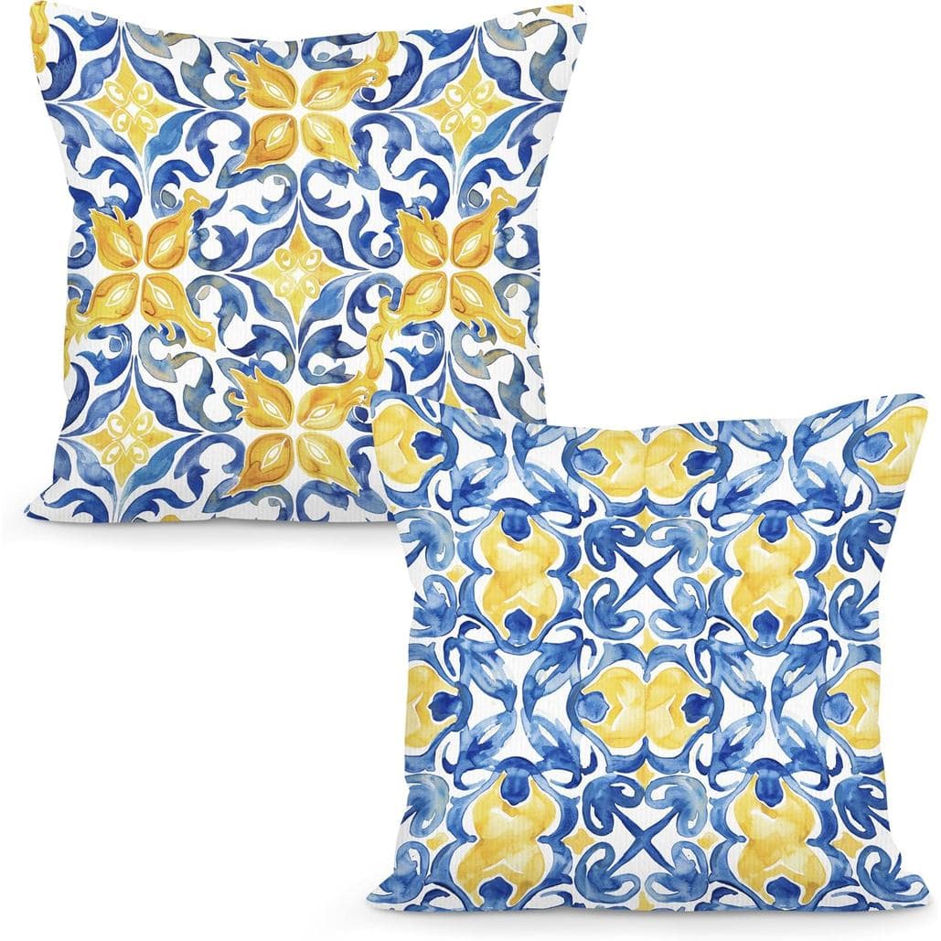 Capas de Almofada Mediterrâneas Azuis 18x18, Conjunto de 2, Decoração da Costa Amalfitana em Azul, Branco e Amarelo, Cap