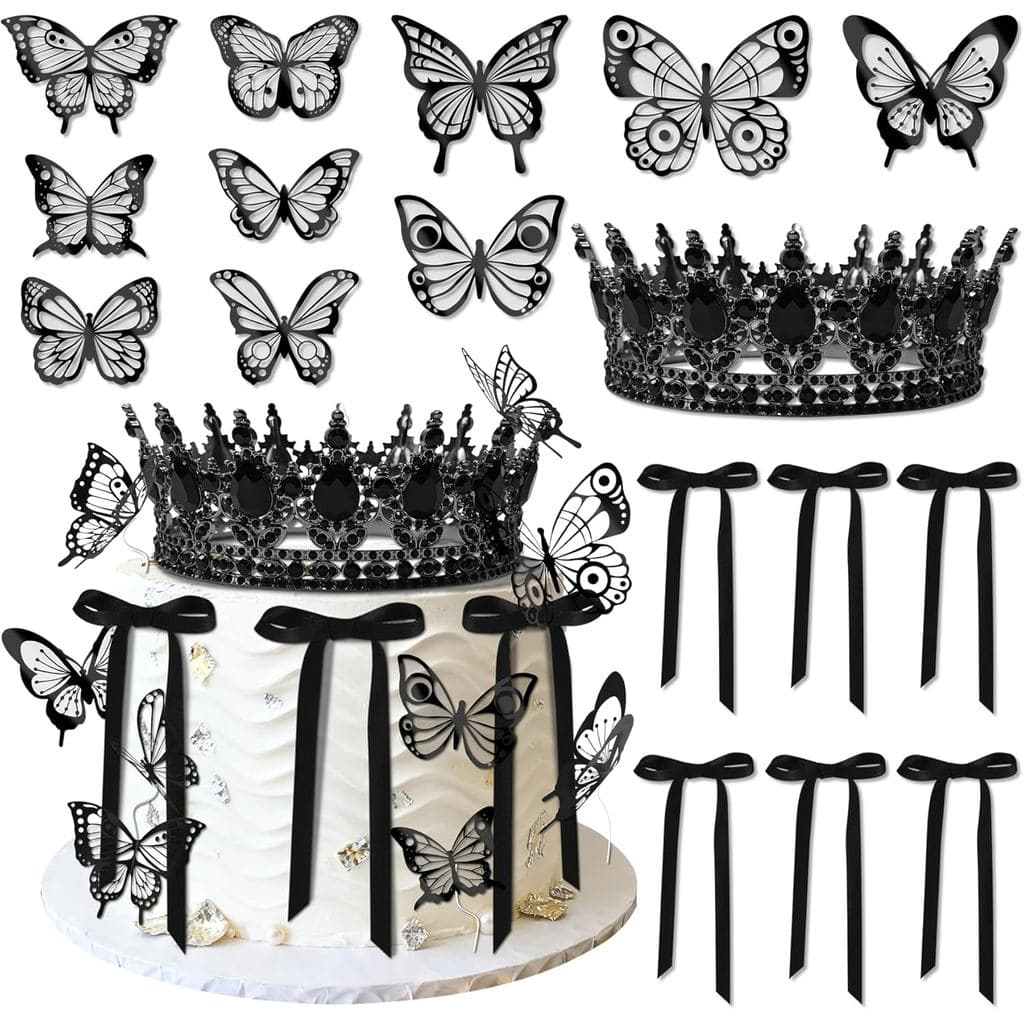 Topo de Bolo em Forma de Coroa com Borboletas, Decorações de Bolo, Topo de Bolo de Princesa (Preto)
