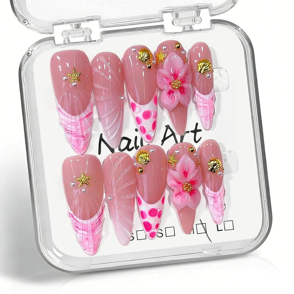 10 Unidades de Unhas Postiças Artesanais Longas Estilo Stiletto com Design de Flores 3D, Estrelas e Charms de Sino, Unha