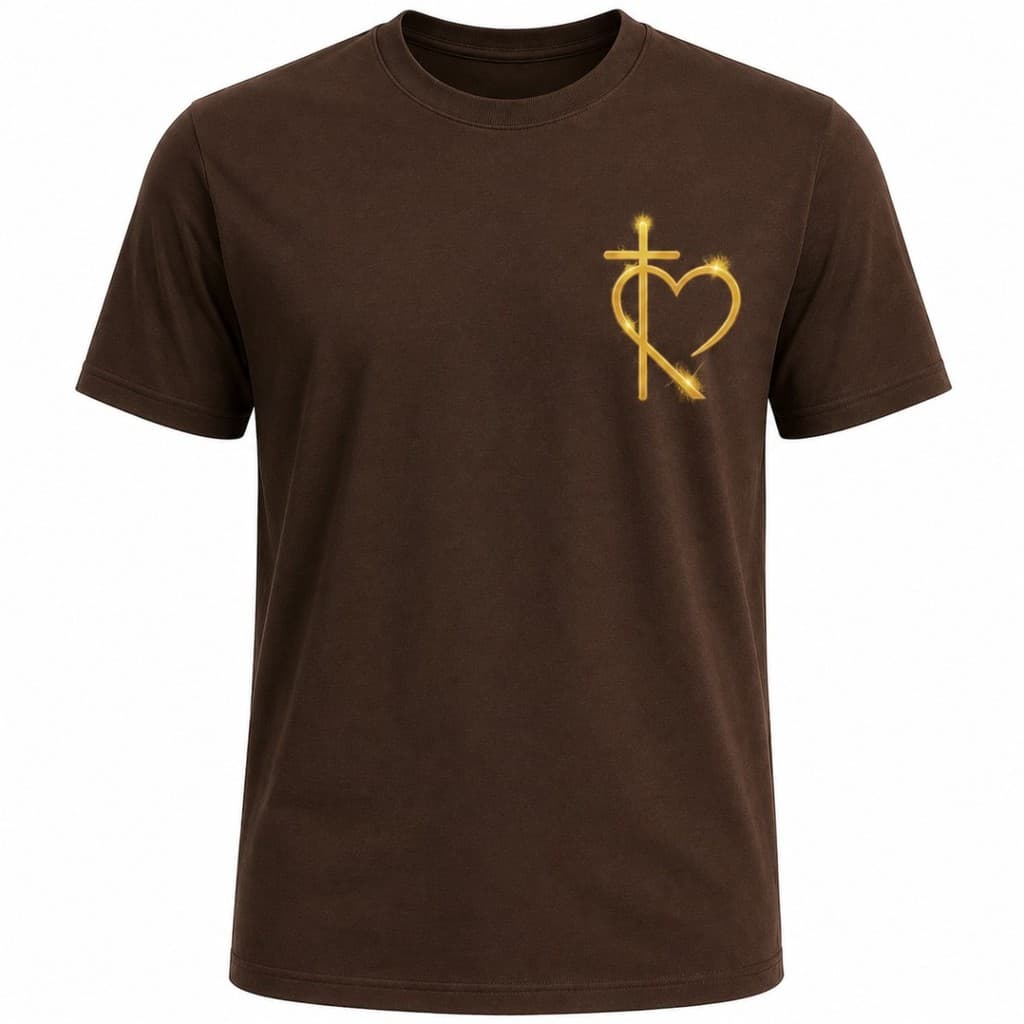 Camiseta Cristã Cruz e Coração Dourado Estampa no Peito Unissex Premium