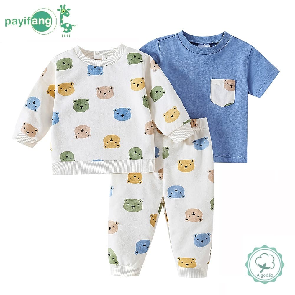Conjunto Bebê Menino 3 Peças Ursinho Blusa Manga Longa Camiseta e Calça