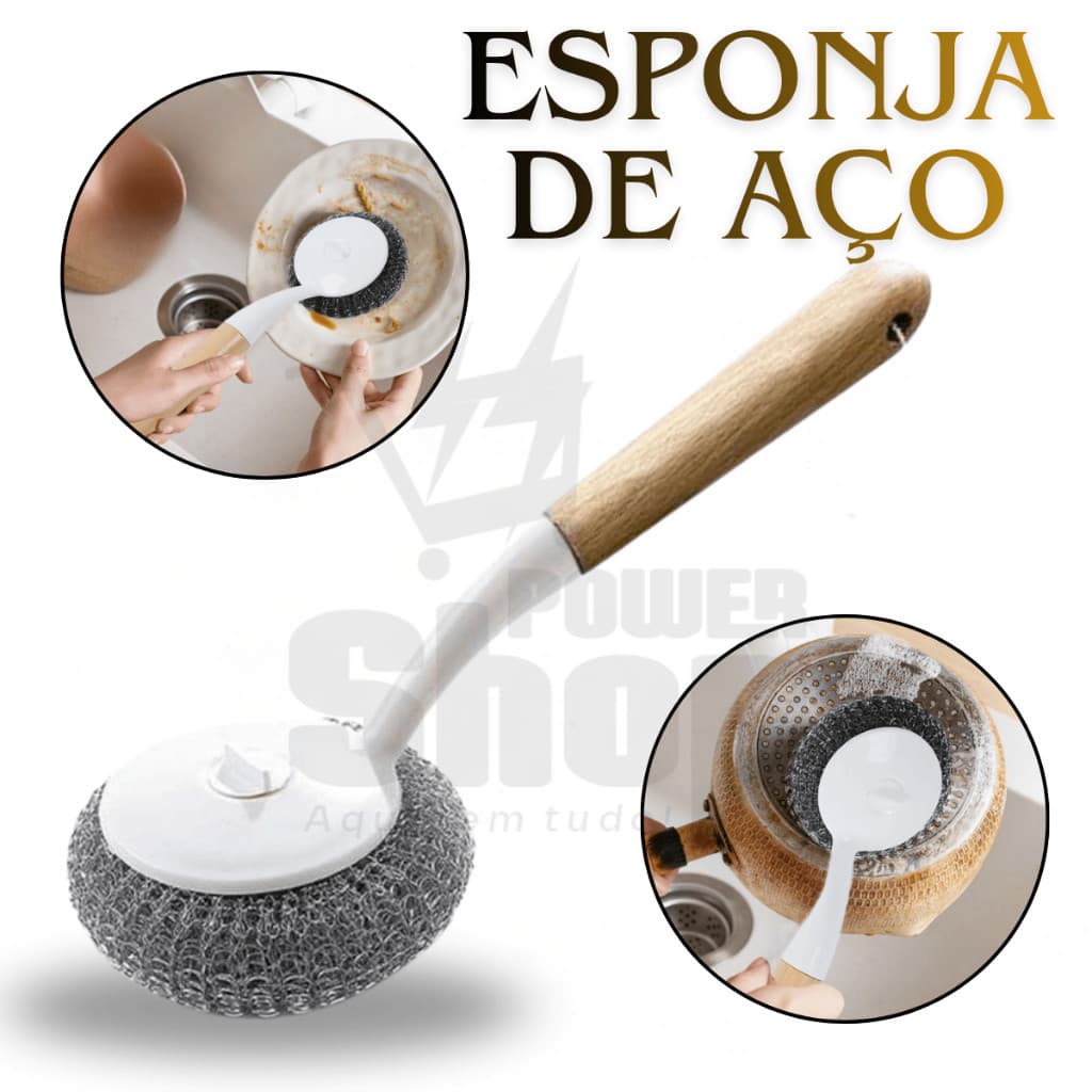 Esponja de Aço com Cabo Longo de Bambu – Premium Para Panelas, Fogão e Cozinha