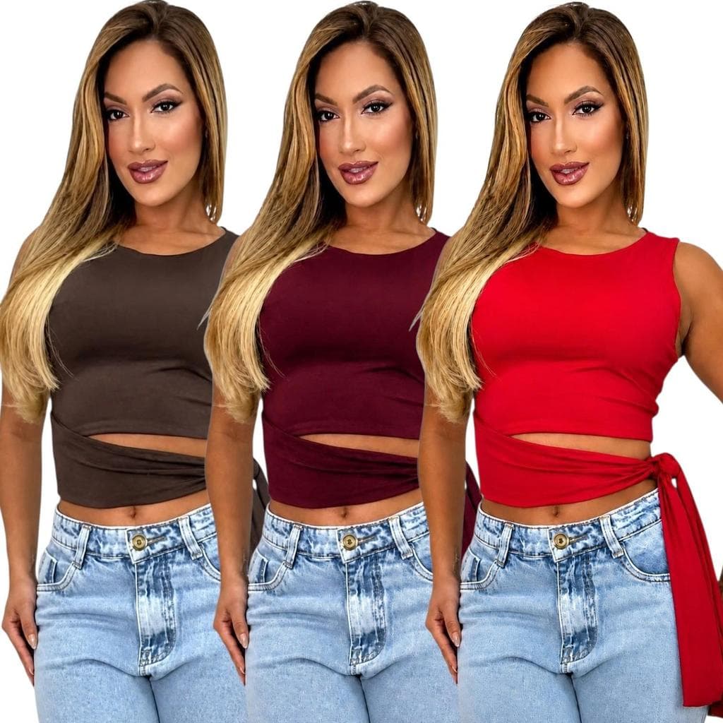 Kit 3 Cropped Slim Feminino Suplex Premium Plus Size com Amarração Regata Confortável M-G e G1-G2 Atacado Moda Verão