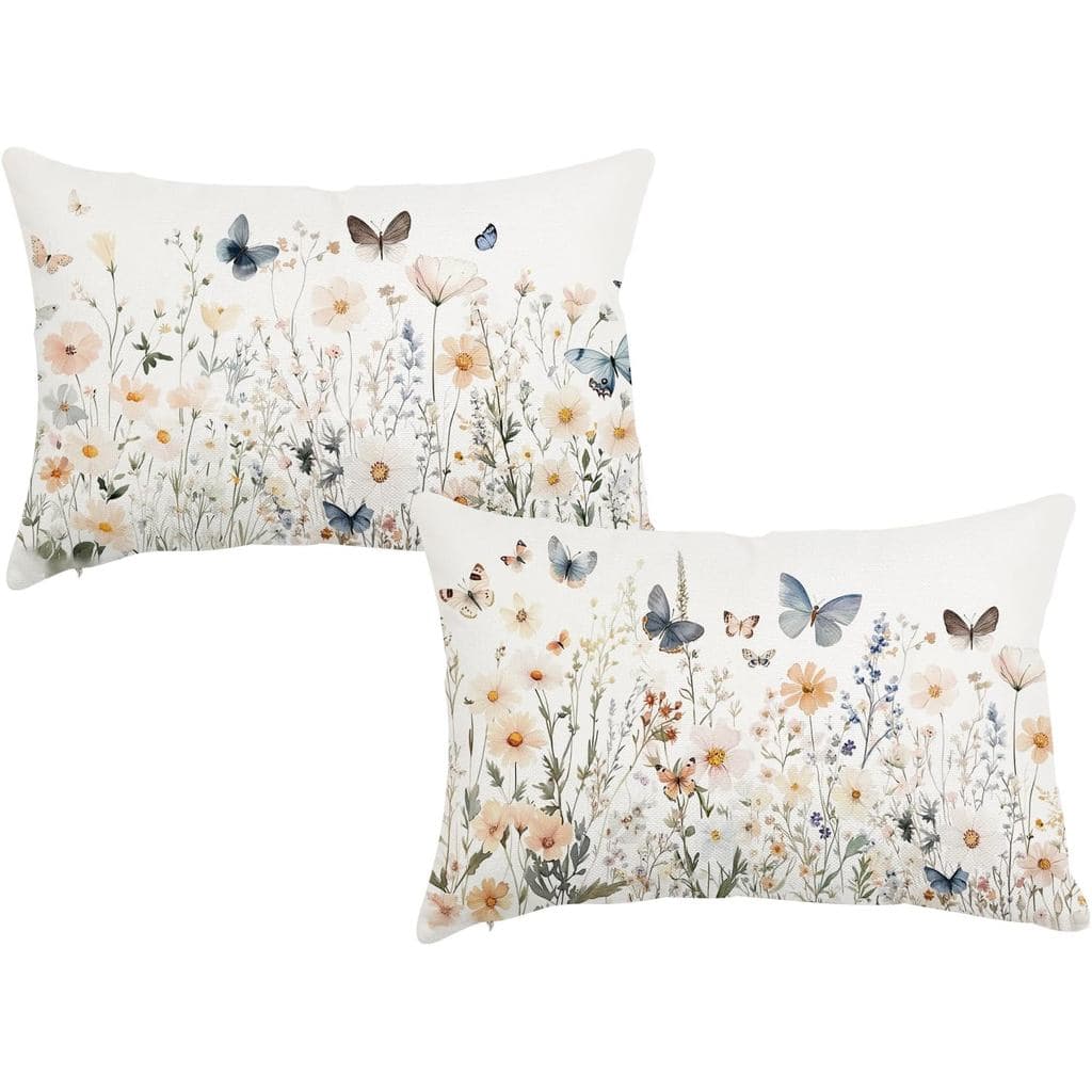Capas de Almofada Lombar Primavera Verão 12x20 Polegadas, Conjunto de 2, Estampas Florais e Borboletas, Capas Decorativa