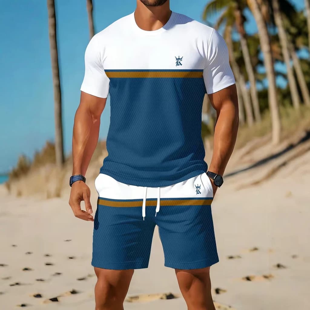 Conjunto Masculino de Manga Curta com Estampa 3D e Shorts Casuais para Esportes