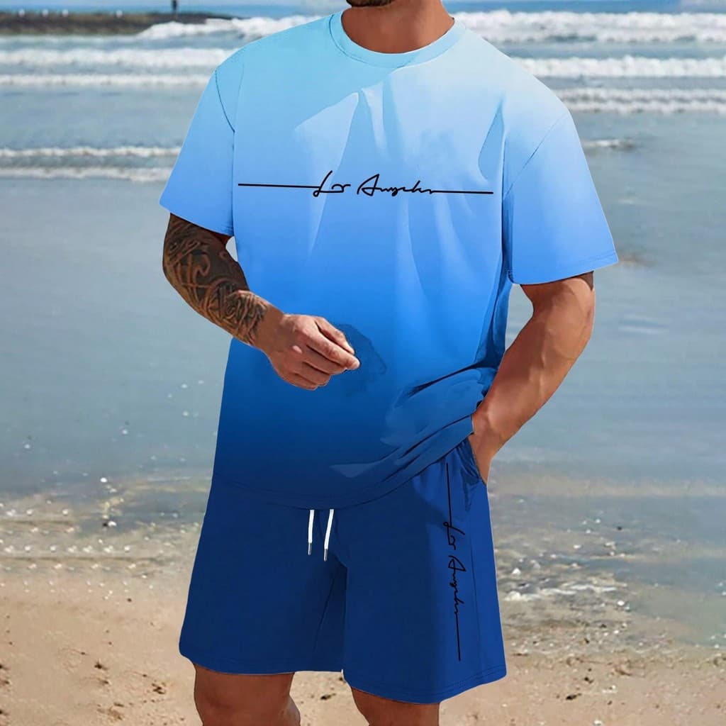 Conjunto Casual Masculino de Verão 2026 com Estampa Gradiente e Letras 3D, Shorts e Camiseta de Manga Curta