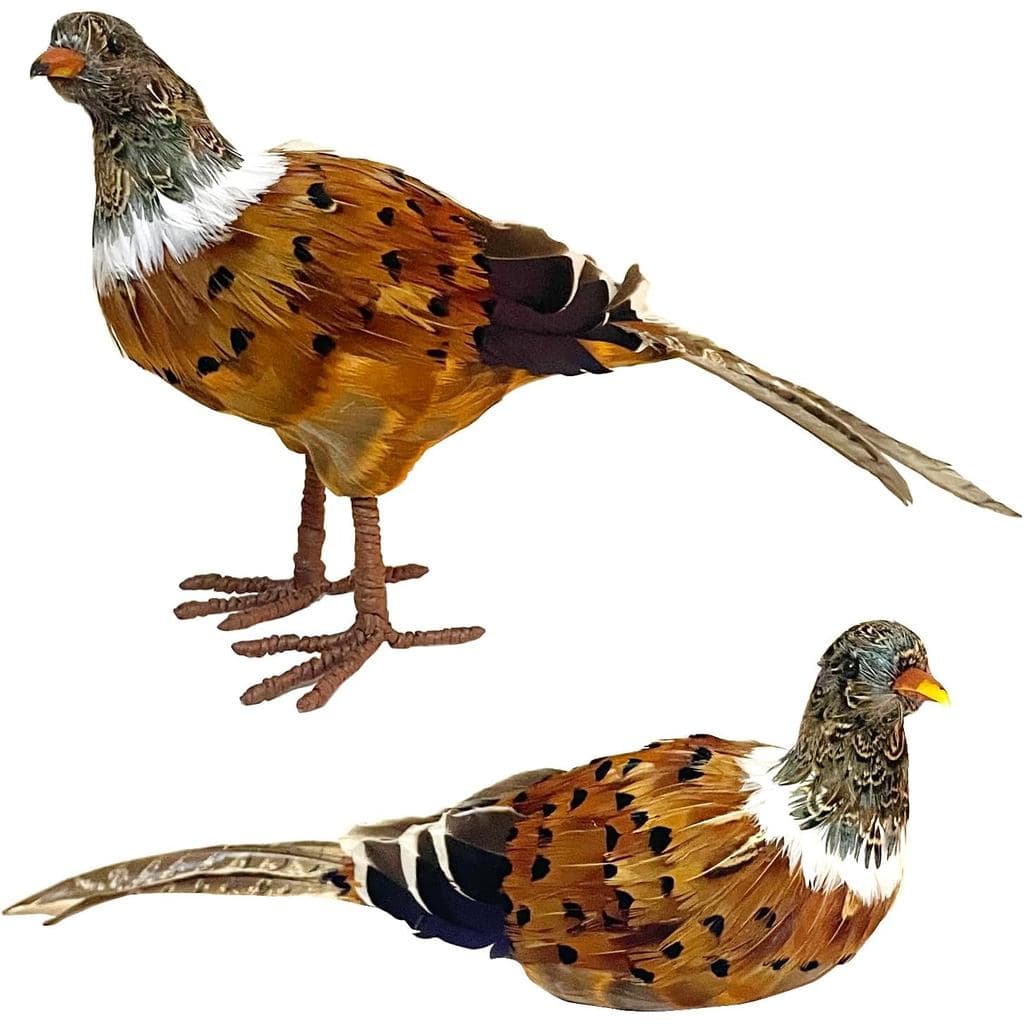 Conjunto de 2 Peças de Decoração com Faisões Emplumados - Figuras de Faisões em Pé e Sentadas Feitas à Mão com Penas Nat
