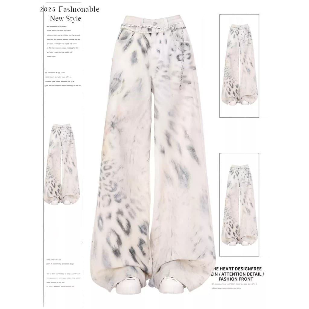 Leopardo impressão Tie-Dye calças de brim de perna larga feminino verão novo estilo Design solto em linha reta esfregar