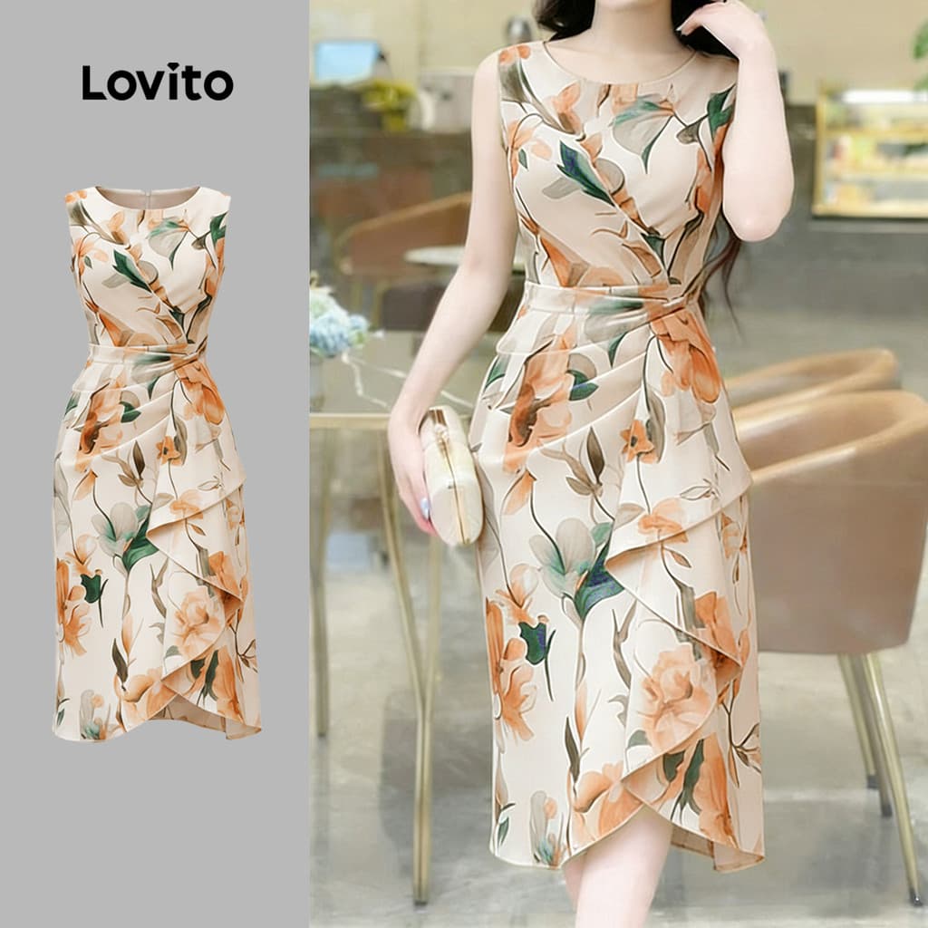 (New Arrival) Lovito Vestido Casual com Babados Assimétrico de Primavera/verão para Mulheres L196ED941