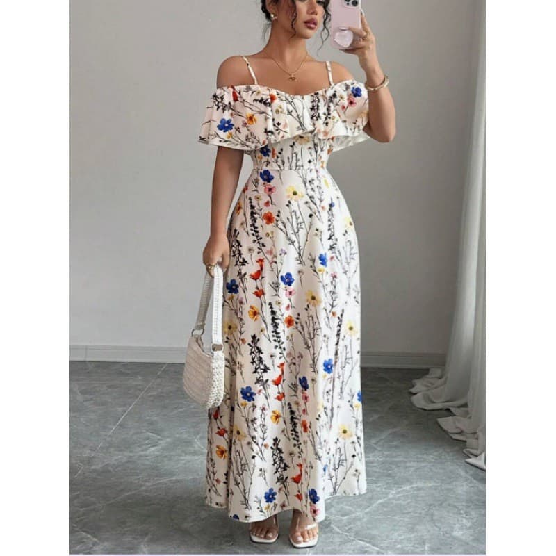 2026 vestido Floral estilingue fenda Irregular cintura estreita mais magro olhar estilo férias saia longa beira-mar foto