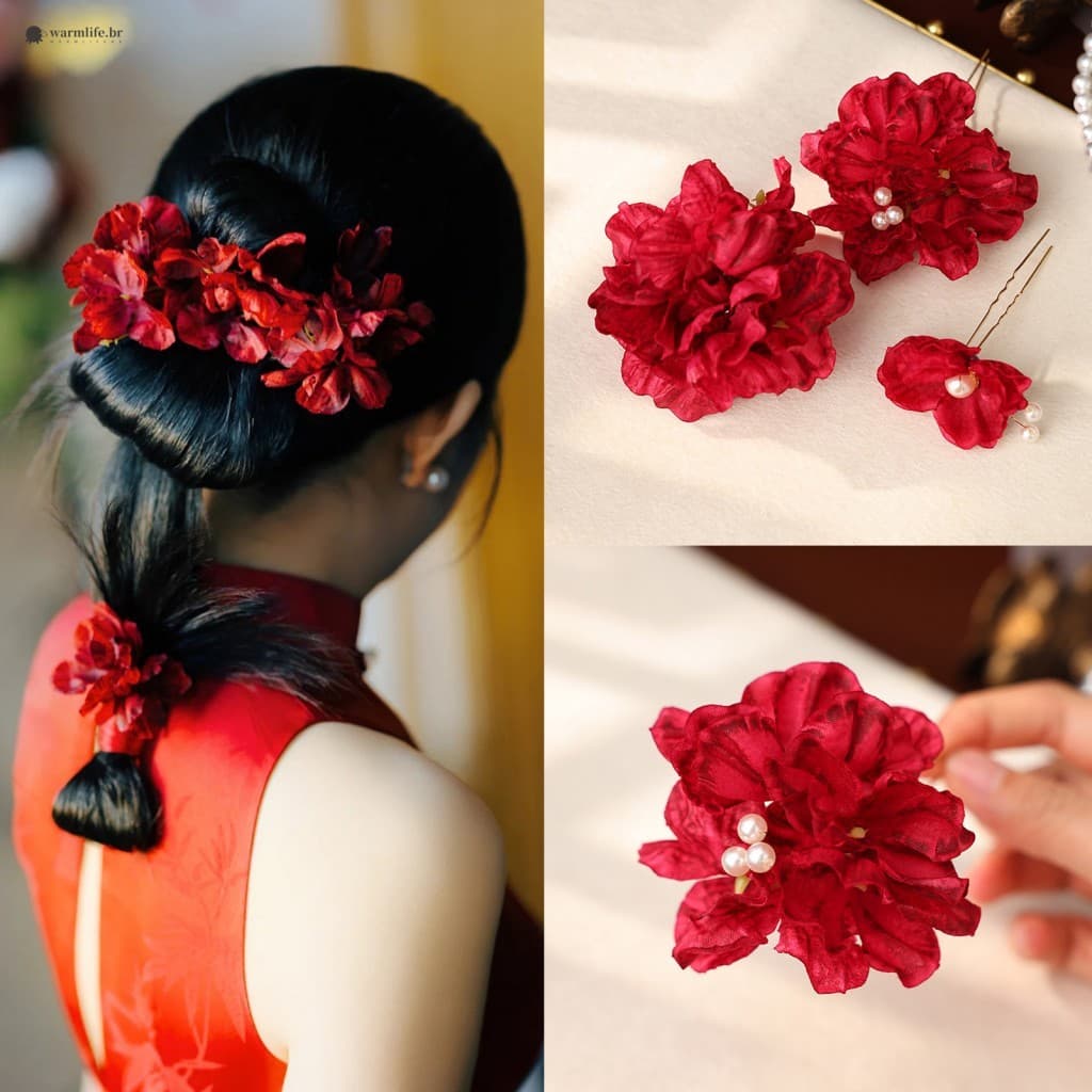 Conjunto De Grampos De Cabelo De Flor Artificial Borgonha-Design Antiderrapante Para Uso Diário Em Festa De Casamento