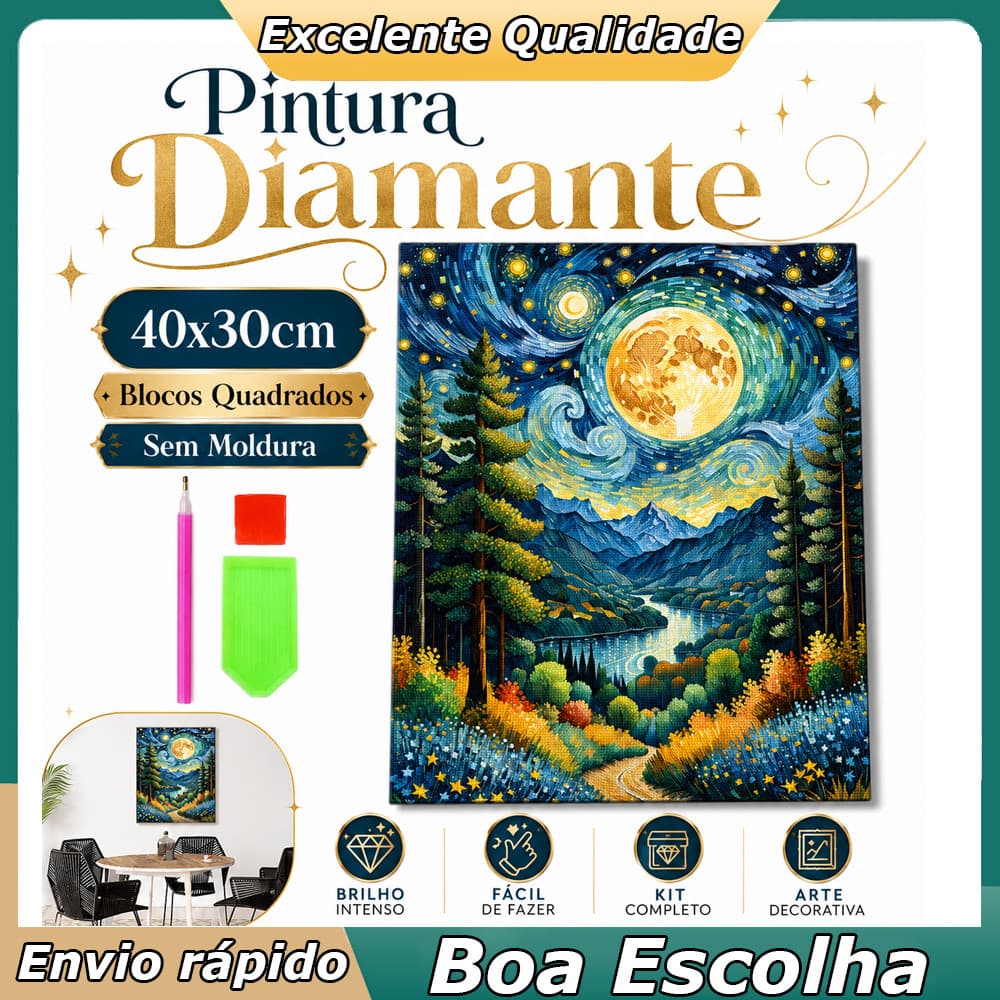 Pintura Diamante Lago na Floresta 40x30cm com Diamantes Quadrados Kit DIY para Presente e Arte em Família Criativa