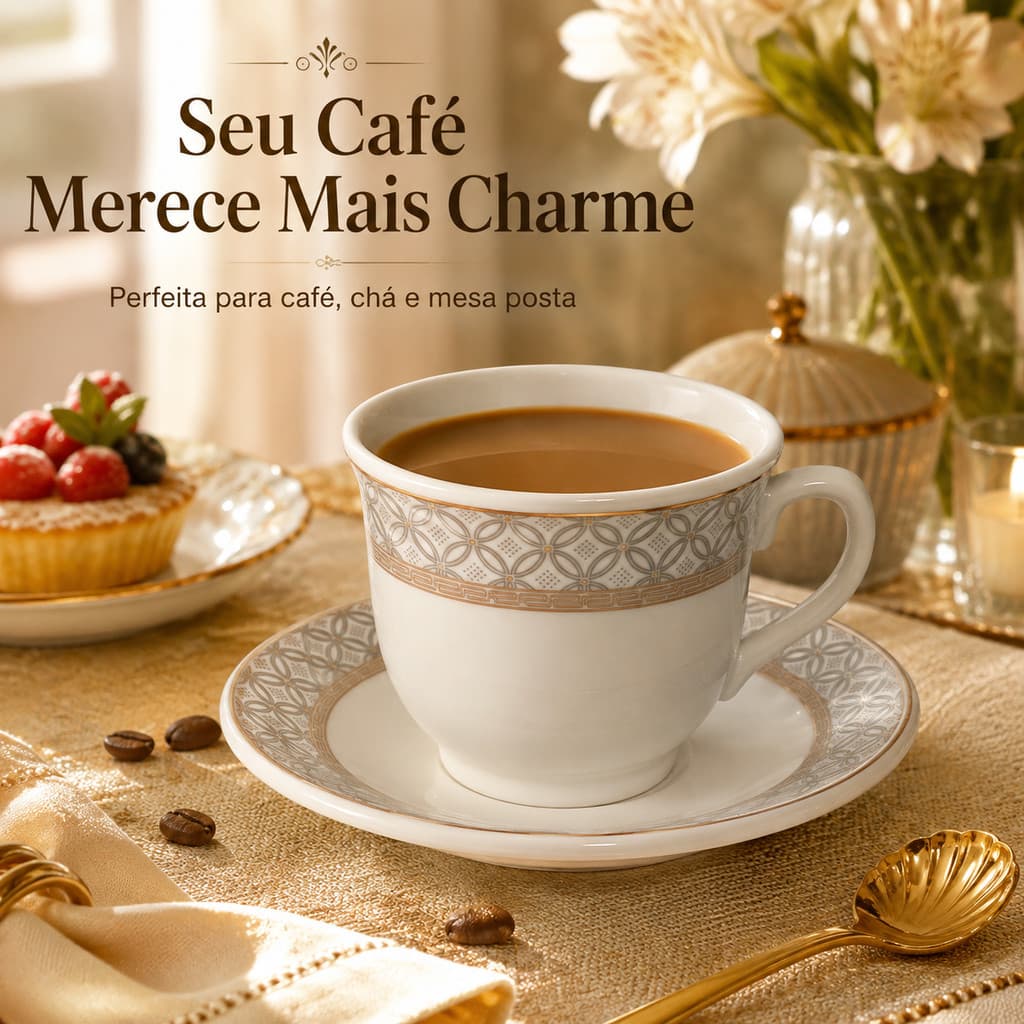 Xícara com Pires Decorada Xícara de Café para Café e Chá com Detalhes Dourados Mesa Posta