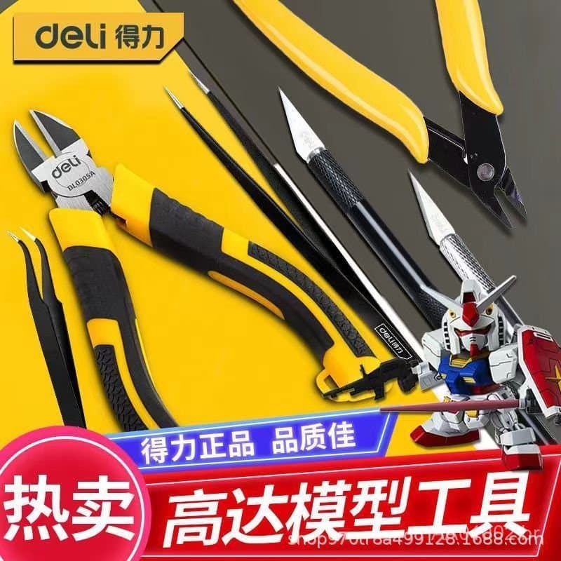 Conjunto de ferramentas para montagem de modelos Deli Gundam: alicates, tesouras, faca de entalhe, pinças, cola, esmeril