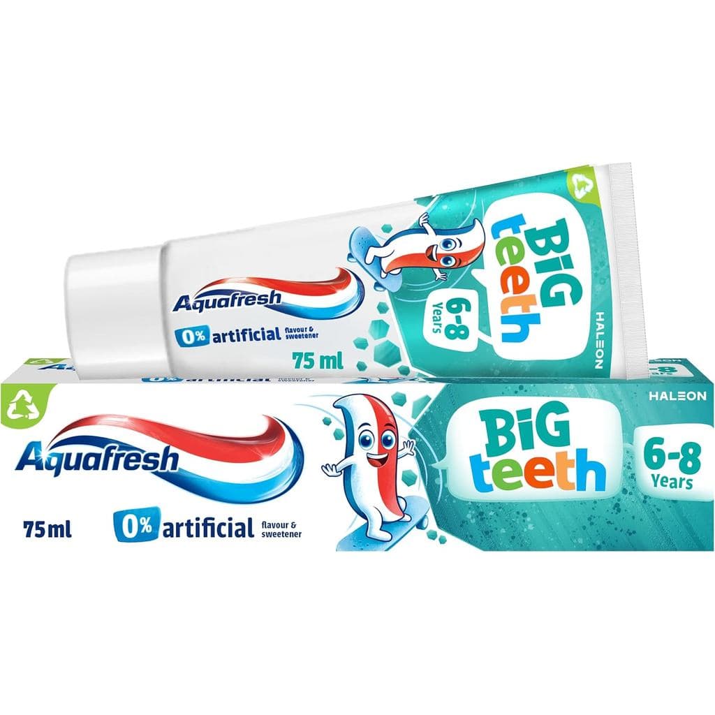 Pasta de Dentes Aquafresh Big Teeth 6-8 anos, Pasta de Dentes para Crianças, Proteção Duradoura para Novos Dentes Perman