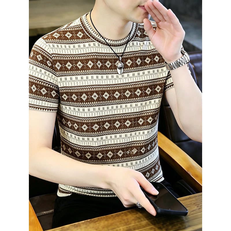 Verão masculino seda gelo único na moda respirável topo em torno do pescoço de manga curta camiseta luz luxo Casual