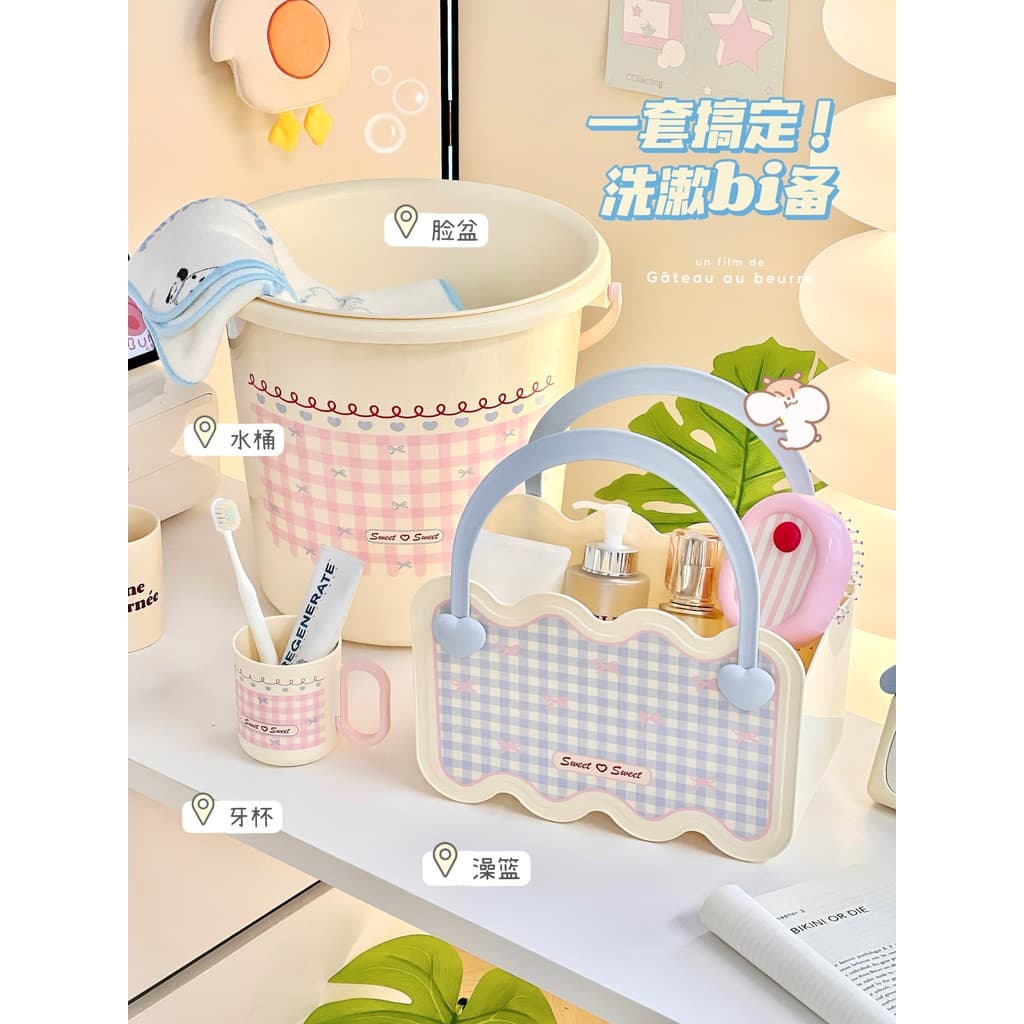 Conjunto de lavatório de balde de Macaron fofo, grande capacidade, dormitório estudantil, cesta de lavagem, conjunto de