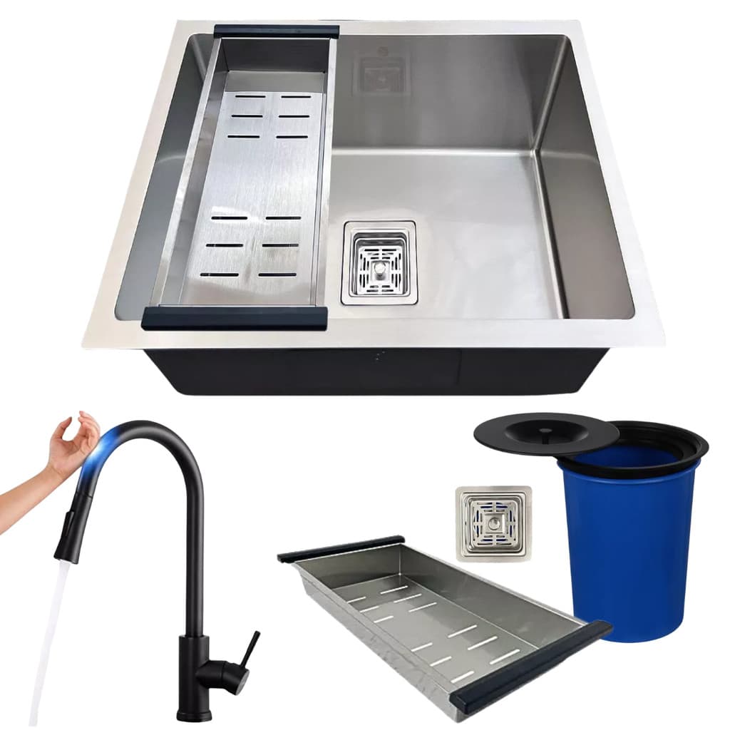 CUBA QUADRADA 44X44CM INOX304 TORNEIRA TOUCH E LIXEIRA PRETA