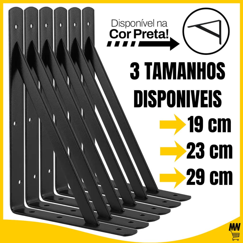 Kit 2 a 20 Suportes Mão Francesa Preta 29cm/23cm/19cm Canto Tábua Cantoneira Reforçada