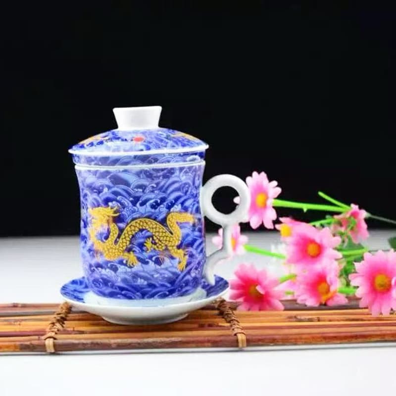 Caneca de cerâmica para escritório pessoal, caneca de conferência com filtro, conjunto de quatro peças de porcelana azul
