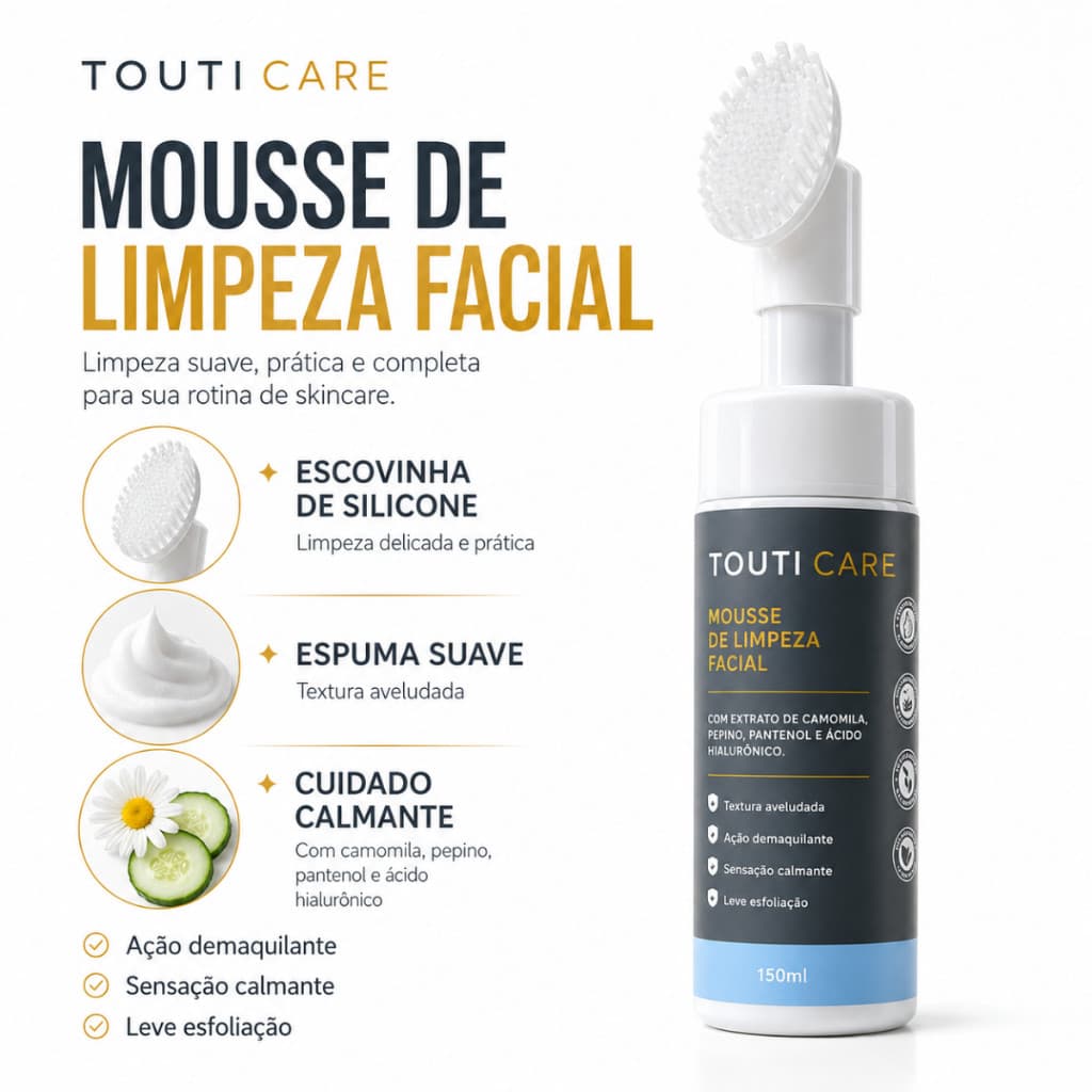 Mousse Facial TOUTI Care com Escova de Silicone 150ml – Limpeza Profunda e Cuidado Diário