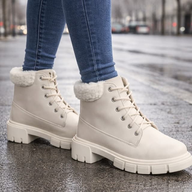 Bota Coturno Feminino Forrado em Lã Salto Médio Tratorado com Pelinho
