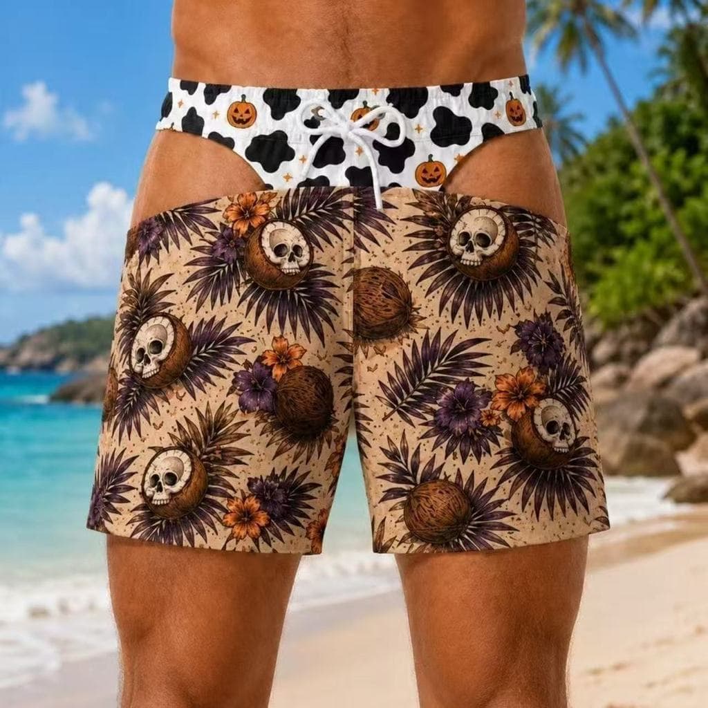 Novos e criativos shorts com estampa de biquíni, shorts engraçados que simulam duas peças, shorts de praia masculinos es