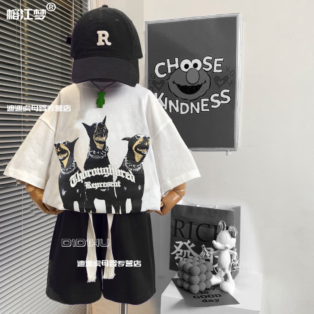 Americano Retro vintage Doberman Hound cão impressão de manga curta camiseta crianças High Street solto Hip-Hop terno me