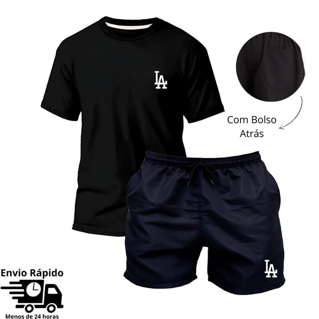 Kit Camiseta + Short Tactel "Los Angeles" Moda Praia Casual Academia 100% Algodão 30.1 Verão