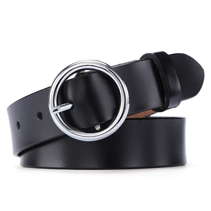 Cinto feminino de couro genuíno preto simples All-Match versão coreana Casual fivela redonda pino fivela senhoras cinto