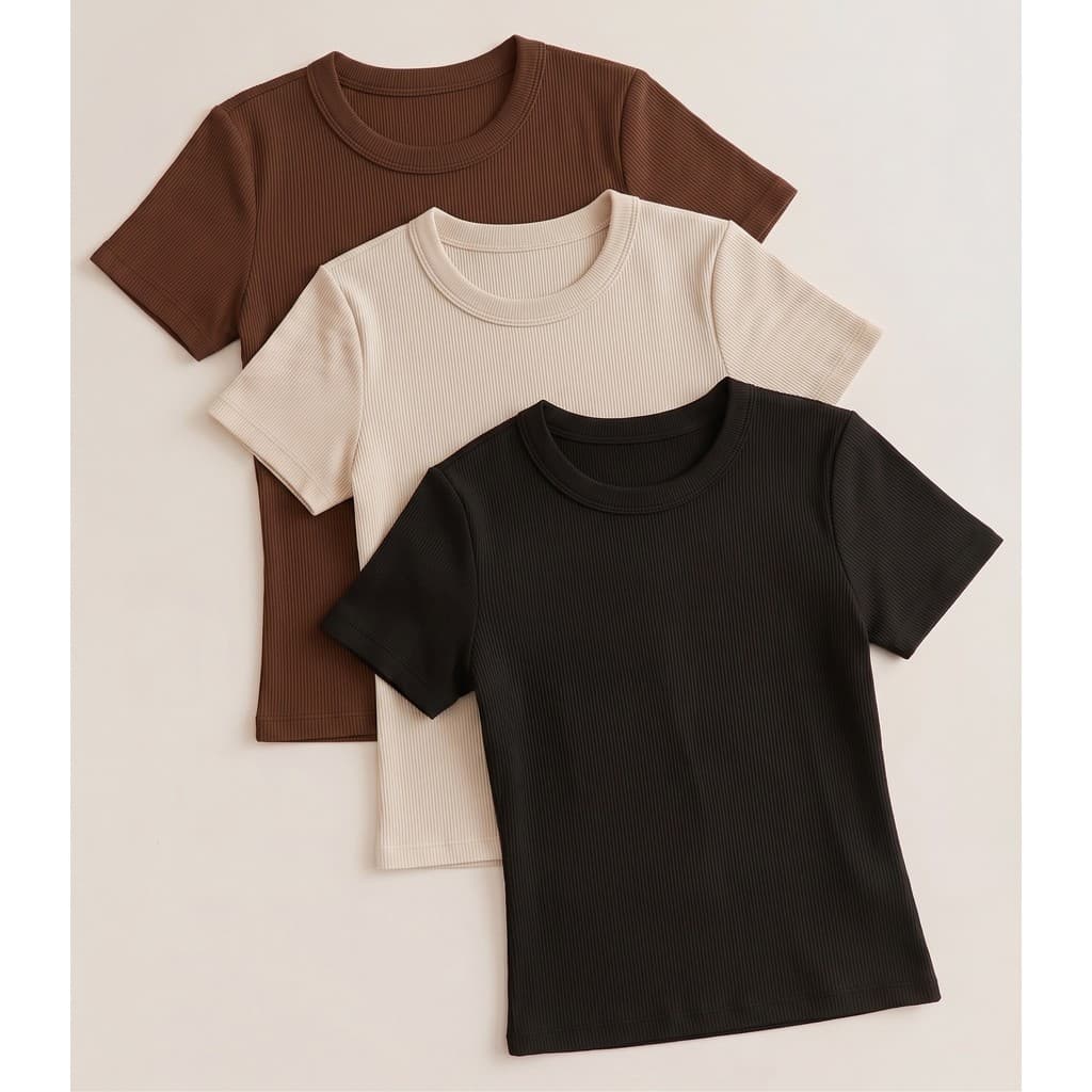 Kit 3 Baby Tee T-Shirt Feminina Ribana Canelada Blusinha Estilosa Blusa Manga Curta Camiseta