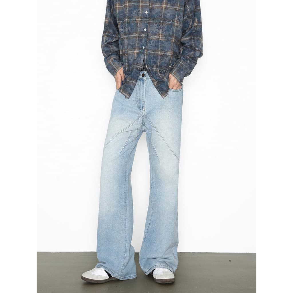 Americano High Street costura meninos Design azul claro Micro queimado Jeans solto Casual queimado em linha reta novo pr